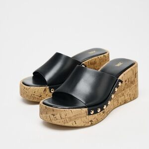 ZARA Black Platform wedge Sandals Size EU 41 US 10 Studded Cork Heel Slide Shoes